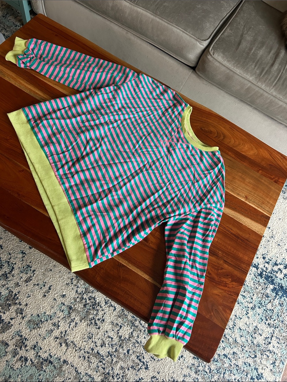 Free People Dupe: Long-Sleeve Top in Pink & Teal with Lime Trim